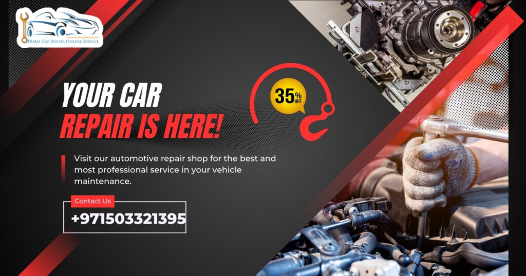 car repair near me services in dubai banner with weblink and number