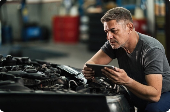 Certified mobile mechanic in Dubai performing on-site engine diagnostics and repair on a luxury vehicle.